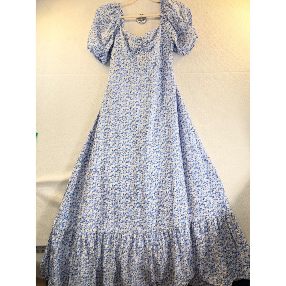 By the River Blue Floral Puff Sleeve Maxi Dress Cutout Back 84SD1007 Medium